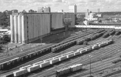 A railyard and grain elevators in the Port of Halifax. Railways are an integral part of container delivery between central Canada and the United States via the Port of Halifax. &#xA9; Robert Frerck/Woodfin Camp.