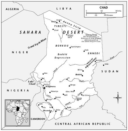 LOCATION: 7°26′ to 23° N; 13°28′ to 2° E. BOUNDARY LENGTHS: Libya, 1,054 kilometers (655 miles); Sudan, 1,360 kilometers (845 miles): Central African Republic, 1,199 kilometers (745 miles); Cameroon, 1,047 kilometers (651 miles); Nigeria, 88 kilometers (55 miles); Niger, 1,175 kilometers (730 miles).