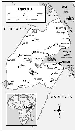 LOCATION: 10°54′ to 12°43′ N; 41°45′ and 43°27′ E. BOUNDARY LENGTHS: total coastline, 314 kilometers (196 miles); Somalia, 58 kilometers (36 miles); Ethiopia, 337 kilometers (210 miles); Eritrea, 113 kilometers (70 miles). TERRITORIAL SEA LIMIT: 12 miles.