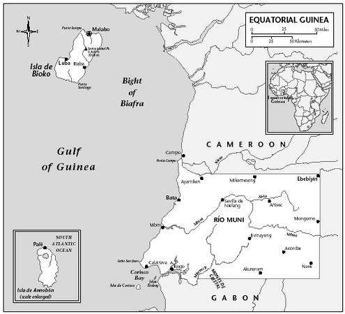 LOCATION: 1°1′ to 3°48′ N; 8°26′ to 11°20′ E Annobón at 1°25′ S and 5°36′ E. BOUNDARY LENGTHS: Cameroon, 189 kilometers (118 miles); Gabon, 350 kilometers (218 miles); total coastline, 296 kilometers (183 miles). TERRITORIAL SEA LIMIT: 12 miles.