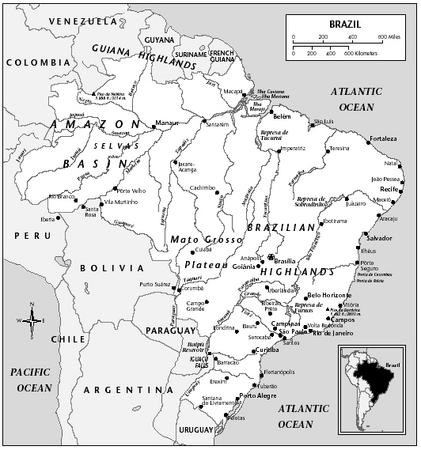 LOCATION: 5°16′ 19″ N to 33°45′ 9″ S; 34°45′ 54″ to 73°59′ 32″ W. BOUNDARY LENGTHS: Venezuela, 2,200 kilometers (1,367 miles); Guyana, 1,119 kilometers (695 miles); Suriname, 597 kilometers (370 miles); French Guiana, 673 kilometers (418 miles); Atlantic coastline, 7,491 kilometers (4,655 miles); Uruguay, 985 kilometers (612 miles); Argentina, 1,224 kilometers (761 miles); Paraguay, 1,290 kilometers (802 miles); Bolivia, 3,400 kilometers (2,113 miles); Peru, 1,560 kilometers (969 miles); Colombia, 1,643 kilometers (1,021 miles). TERRITORIAL SEA LIMIT: 12 miles.