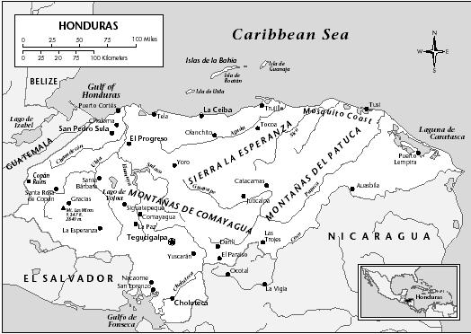 LOCATION: 13° to 16°N; 83°10′ to 89°20′ W. BOUNDARY LENGTHS: Caribbean coastline, 591 kilometers (367 miles); Nicaragua, 922 kilometers (573 miles); Gulf of Fonseca (Gulfo de Fonseca) coastline, 74 kilometers (46 miles); El Salvador, 335 kilometers (208 miles); Guatemala, 248 kilometers (154 miles). TERRITORIAL SEA LIMIT: 12 miles.