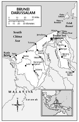 LOCATION: 4°2′ to 5°3′ N; 114° to 115°22′ E. BOUNDARY LENGTHS: Malaysia, 381 kilometers (237 miles); South China Sea and Brunei Bay coastlines, 161 kilometers (100 miles). TERRITORIAL SEA LIMIT: 12 miles.