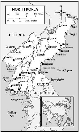 LOCATION: 37°38′ to 43°1′ N; 124°13′ to 130°39′ E. BOUNDARY LENGTHS: China, 1,025 kilometers (637 miles); Russia, 16 kilometers (10 miles); ROK, 240 kilometers (149 miles); total coastline, 1,028 kilometers (639 miles). TERRITORIAL SEA LIMIT: 12 miles.