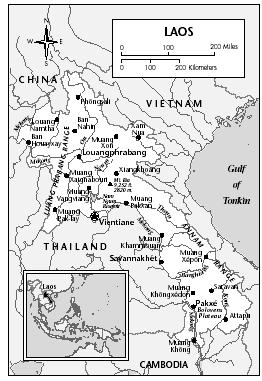 LOCATION: 100° to 107° E; 13°40′ to 22°40′ N. BOUNDARY LENGTHS: China, 425 kilometers (264 miles); Vietnam, 1,555 kilometers (966 miles); Cambodia, 541 kilometers (336 miles); Thailand, 1,754 kilometers (1,090 miles); Myanmar, 238 kilometers (148 miles).