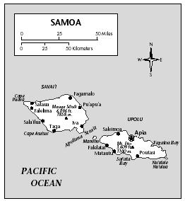 LOCATION: 13° to 15° S; 171° to 173° W. BOUNDARY LENGTHS: Savai'i 188 kilometers (117 miles); Upolu coastline, 183 kilometers (114 miles). TERRITORIAL SEA LIMIT: 12 miles.