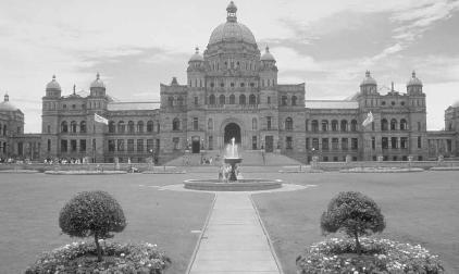 Legislative buildings in Victoria, British Columbia's capital. Located on Vancouver Island, historic Victoria has many English-style gardens. The Province of British Columbia.