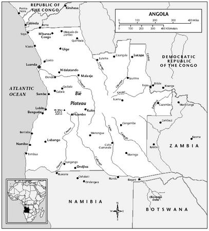 LOCATION: Angola proper: 5°49′ to 18°3′ S; 11°40′ to 24°5′ E. Cabinda: 4°21′ to 5°46′ S; 12°2′ to 13°5′ E. BOUNDARY LENGTHS: Democratic Rep. of the Congo, 2,291 kilometers (1,423 miles); Zambia, 1,110 kilometers (690 miles); Namibia, 1,376 kilometers (855 miles); Atlantic coastline, 1,600 kilometers (995 miles). Cabinda: Democratic Rep. of the Congo, 220 kilometers (136 miles); Republic of the Congo, 201 kilometers (125 miles). TERRITORIAL SEA LIMIT: 20 miles.