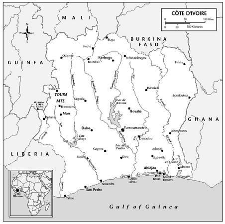 LOCATION: 2°30′ to 7°30′ W; 4°20′ to 10°50′ N. BOUNDARY LENGTHS: Mali, 515 kilometers (320 miles); Burkina Faso, 531 kilometers (330 miles); Ghana, 668 kilometers (415 miles); Gulf of Guinea coastline, 507 kilometers (315 miles); Liberia, 716 kilometers (445 miles); Guinea, 605 kilometers (376 miles). TERRITORIAL SEA LIMIT: 12 miles.