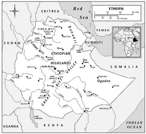 LOCATION: 3°30′ to 18° N; 33° to 48° E. BOUNDARY LENGTHS: Eritrea, 912 kilometers (566 miles); Djibouti, 337 kilometers (210 miles); Somalia, 1,626 kilometers (1,016 miles); Kenya, 830 kilometers (518 miles); Sudan, 1,606 kilometers (1,003 miles).