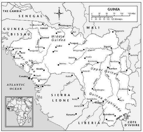 LOCATION: 8° to 15° W; 7°35′ to 12°30′ N. BOUNDARY LENGTHS: Senegal, 330 kilometers (205 miles); Mali, 932 kilometers (579 miles); Côte d'Ivoire, 605 kilometers (376 miles); Liberia, 563 kilometers (350 miles); Sierra Leone, 652 kilometers (405 miles); Atlantic coastline, 352 kilometers (219 miles); Guinea-Bissau, 386 kilometers (240 miles). TERRITORIAL SEA LIMIT: 12 miles.