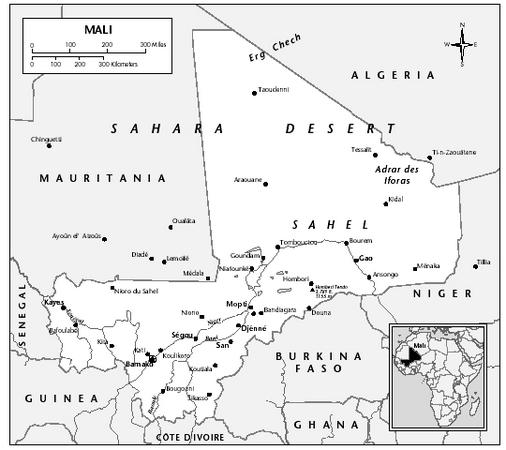 LOCATION: 10°10′ to 25° N; 4°15′ E to 12°15′ W. BOUNDARY LENGTHS: Algeria, 1,376 kilometers (855 miles); Niger, 821 kilometers (510 miles); Burkina Faso, 1,202 kilometers (747 miles); Côte d'Ivoire, 515 kilometers (320 miles); Guinea, 932 kilometers (579 miles); Senegal, 418 kilometers (260 miles); Mauritania, 2,237 kilometers (1,390 miles).