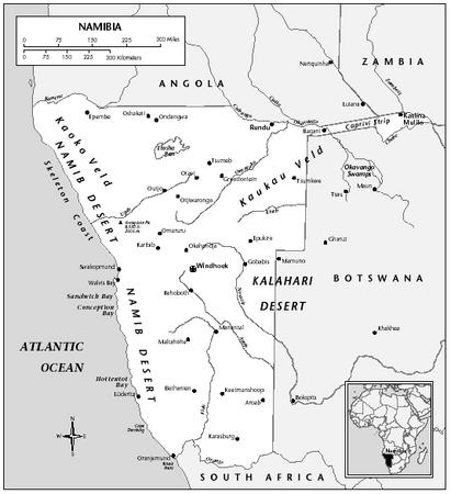 LOCATION: 11°44′ to 25°16′ E; 16°58′ to 28°58′ S. BOUNDARY LENGTHS: Angola, 1,376 kilometers (855 miles); Zambia, 233 kilometers (144 miles); Botswana, 1,360 kilometers (850 miles); South Africa, 966 kilometers (600 miles); Atlantic Ocean, including Walvis Bay, 1,489 kilometers (921 miles). TERRITORIAL SEA LIMIT: 12 miles.