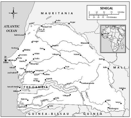 LOCATION: 11°30′ to 17°30′ W; 12° to 17° N. BOUNDARY LENGTHS: Mauritania, 813 kilometers (505 miles); Mali, 419 kilometers (260 miles); Guinea, 330 kilometers (205 miles); Guinea-Bissau, 338 kilometers (210 miles); Atlantic coastline, 531 kilometers (330 miles); the Gambia, 740 kilometers (460 miles). TERRITORIAL SEA LIMIT: 12 miles.