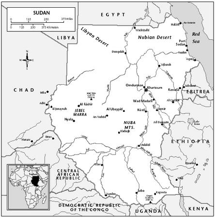LOCATION: 23° to 3° N; 22° to 38° E. BOUNDARY LENGTHS: Egypt 1,273 kilometers (789 miles); Red Sea coastline, 853 kilometers (529 miles); Eritrea, 605 kilometers (376 miles); Ethiopia, 1,606 kilometers (998 miles); Kenya, 232 kilometers (144 miles); Uganda, 435 kilometers (270 miles); Democratic Republic of the Congo (DROC), 628 kilometers (390 miles); Central African Republic, 1,165 kilometers (724 miles); Chad, 1,360 kilometers (845 miles); Libya, 383 kilometers (238 miles). TERRITORIAL SEA LIMIT: 12 miles.