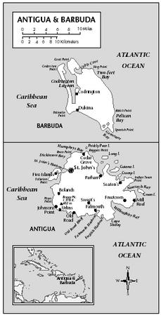 LOCATION: Antigua: 17°9′ N; 61°49′ W. Barbuda: 17°41′ N; 61°48′ W. TOTAL COASTLINE: 153 kilometers (95 miles). TERRITORIAL SEA LIMIT: 12 miles.