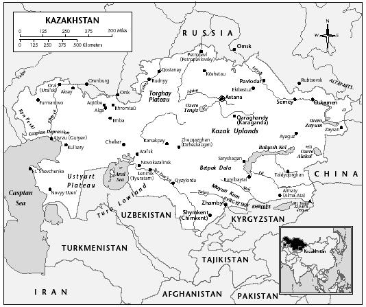 LOCATION: 48° N; 60° E. BOUNDARY LENGTHS: China, 1,533 kilometers (954 miles); Kyrgyzstan, 1,051 kilometers (653 miles); Russia, 6,846 kilometers (4,254 miles); Turkmenistan, 379 kilometers (236 miles); Uzbekistan, 2,203 kilometers (1,369 miles).