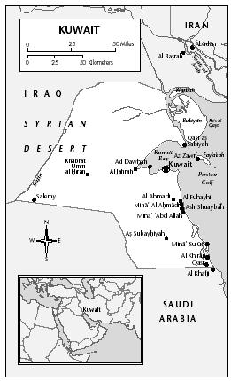 LOCATION: 28°32′ to 30°6′ N; 46°33′ to 48°27′ E. BOUNDARY LENGTHS: Persian Gulf shoreline, 499 kilometers (312 miles); Sa'udi Arabia, 222 kilometers (139 miles); Iraq, 242 kilometers (151 miles). TERRITORIAL SEA LIMIT: 12 miles.
