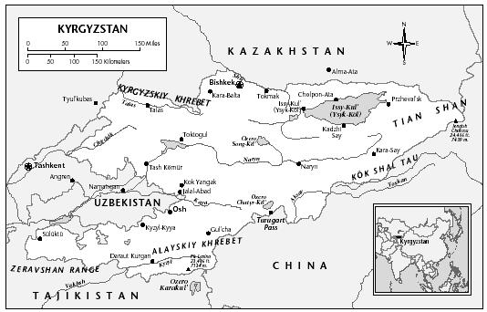 LOCATION: 41°30′ N; 75°0′ E. BOUNDARY LENGTHS: Total boundary lengths, 3,878 kilometers (2,410 miles); China, 858 kilometers (533.2 miles); Tajikistan, 870 kilometers (541 miles); Uzbekistan, 1,099 kilometers (683 miles); Kazakhstan, 1,051 kilometers (653 miles).