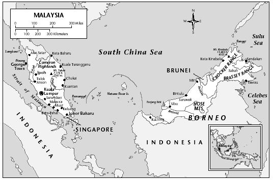 LOCATION: Peninsular Malaysia: 1°17′ to 6°43′ N; 99°38′ to 104°39′ E. Sarawak: 0°52′ to 4°59′ N; 109°38′ to 155°43′ E. Sabah: 4°6′ to 7°22′ N; 115°7′ to 119°17′ E. BOUNDARY LENGTHS: Peninsular Malaysia: Thailand, 506 kilometers (316 miles); coastline, 2,068 kilometers (1,292 miles). East Malaysia: Brunei, 381 kilometers (238 miles); Indonesia, 1,728 kilometers (1,080 miles); coastline, 2,607 kilometers (1,629 miles). Total boundary length, land and coastline: 7,290 kilometers (4,555 miles). TERRITORIAL SEA LIMIT: 12 miles.