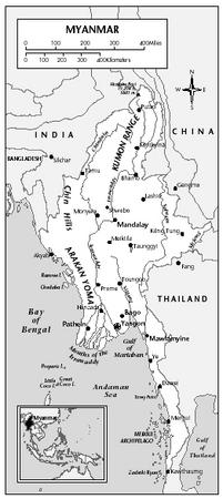 LOCATION: 92°10′ to 101°11′ E; 9°35′ to 28°28′ N. BOUNDARY LENGTHS: China, 2,185 kilometers (1,358 miles); Laos, 238 kilometers (148 miles); Thailand, 1,799 kilometers (1,118 miles); total coastline, 2,276 kilometers (1,414 miles); Bangladesh, 233 kilometers (145 miles); India, 1,403 kilometers (872 miles). TERRITORIAL SEA LIMIT: 12 miles.