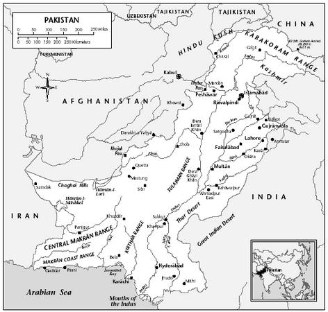 LOCATION: 23°41′ to 37°5′ N; 60°52′ to 77°49′ E. BOUNDARY LENGTHS: China, 523 kilometers (325 miles), including boundary of Jammu and Kashmir to the Karakoram Pass; India, 2,912 kilometers (1,812 miles); Arabian Sea coastline, 1,046 kilometers (655 miles); Iran, 909 kilometers (568 miles); Afghanistan, 2,430 kilometers (1,510 miles). TERRITORIAL SEA LIMIT: 12 miles.