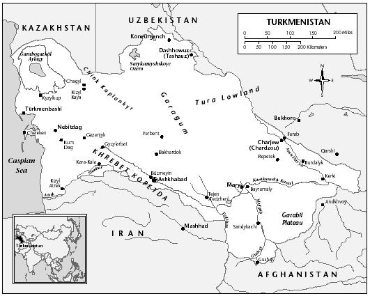 LOCATION: 40°0′ N; 60°0′ E. BOUNDARY LENGTHS: Total boundary lengths, 3,736 kilometers (2,322 miles); Afghanistan, 744 kilometers (462.3 miles); Iran, 992 kilometers (616.4 miles); Kazakhstan, 379 kilometers (236 miles); Uzbekistan, 1,621 kilometers (1007.3 miles).