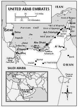 LOCATION: 51°3′ to 56°23′ E; 22°30′ to 26°17′ N. BOUNDARY LENGTHS: Persian Gulf coastline, 1,318 kilometers (817 miles); Oman, 410 kilometers (256 miles); Sa'udi Arabia, 457 kilometers (285 miles). TERRITORIAL SEA LIMIT: 3 miles, except Ash Shariqah (12 miles).