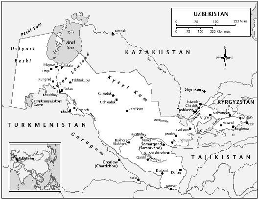 LOCATION: 41°0′ N; 64°0′ E. BOUNDARY LENGTHS: Afghanistan, 137 kilometers (85 miles); Kazakhstan, 2,203 kilometers (1,369 miles); Kyrgyzstan, 1,099 kilometers (683 miles); Tajikistan, 1,161 kilometers (722 miles); Turkmenistan, 1,621 kilometers (1,007 miles).