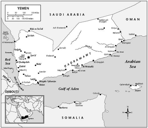 LOCATION 12°41′ to 17°32′ N; 42°32′ to 53°5′ E. BOUNDARY LENGTHS: Oman, 288 kilometers (179 miles); Sa'udi Arabia, 1,458 kilometers (907 miles); coastline, 1,906 kilometers, (1,183 miles).