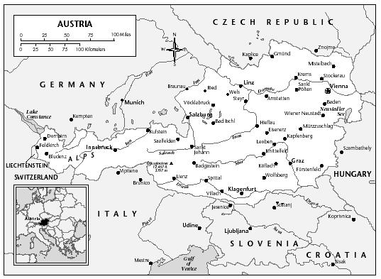 LOCATION: 46°22′ to 49°1′ N; 9°22′ to 17°10′ E. BOUNDARY LENGTHS: Germany, 784 kilometers (487 miles); Czech Republic, 362 kilometers (225 miles); Slovakia, 91 kilometers (57 miles); Hungary, 366 kilometers (227 miles); Slovenia, 330 kilometers (205 miles); Italy, 430 kilometers (267 miles); Liechtenstein, 37 kilometers (23 miles); Switzerland, 164 kilometers (102 miles).