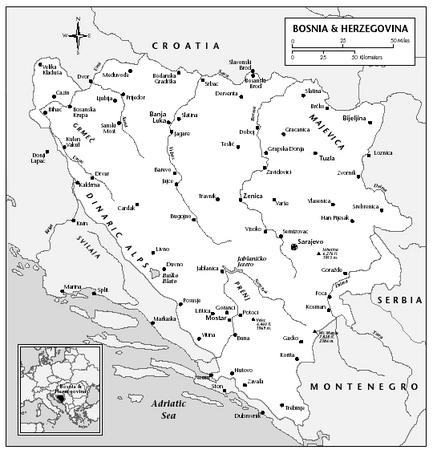 LOCATION: 44°17′ N; 17°30′ E. BOUNDARY LENGTHS: Total land boundary lengths, 1,459 kilometers (905 miles); Croatia, 932 kilometers (578 miles); Serbia and Montenegro, 527 kilometers (327 miles); total coastline, 20 kilometers (12 miles).