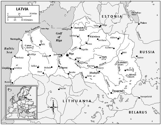 LOCATION: 57°0′ N; 25°0′ E. BOUNDARY LENGTHS: Total boundary lengths, 1,150 kilometers (715 miles); Belarus, 141 kilometers (88 miles); Estonia, 339 kilometers (211 miles); Lithuania, 453 kilometers (281 miles); Russia, 217 kilometers (135 miles).