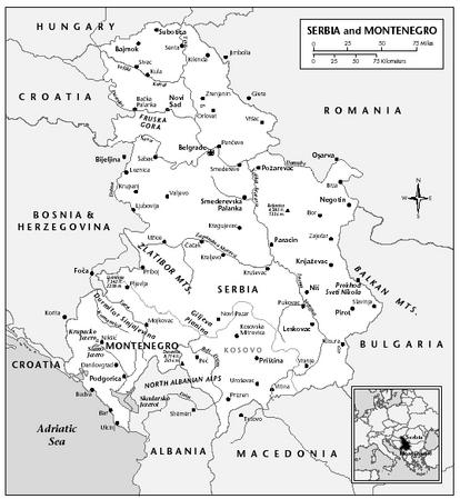LOCATION: 44° N, 21° E. BOUNDARY LENGTHS: Romania, 476 kilometers (296 miles); Bulgaria, 318 kilometers (198 miles); Macedonia, 221 kilometers, (137 miles); Albania, 287 kilometers (178 miles); Croatia (south), 25 kilometers (16 miles); Bosnia and Herzegovina, 527 kilometers (327 miles); Croatia (north), 241 kilometers (150 miles); Hungary, 151 kilometers (94 miles); Adriatic Sea coastline, 199 kilometers, (124 miles).